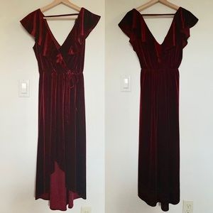 Dark red velvet faux wrap high-low flutter dress